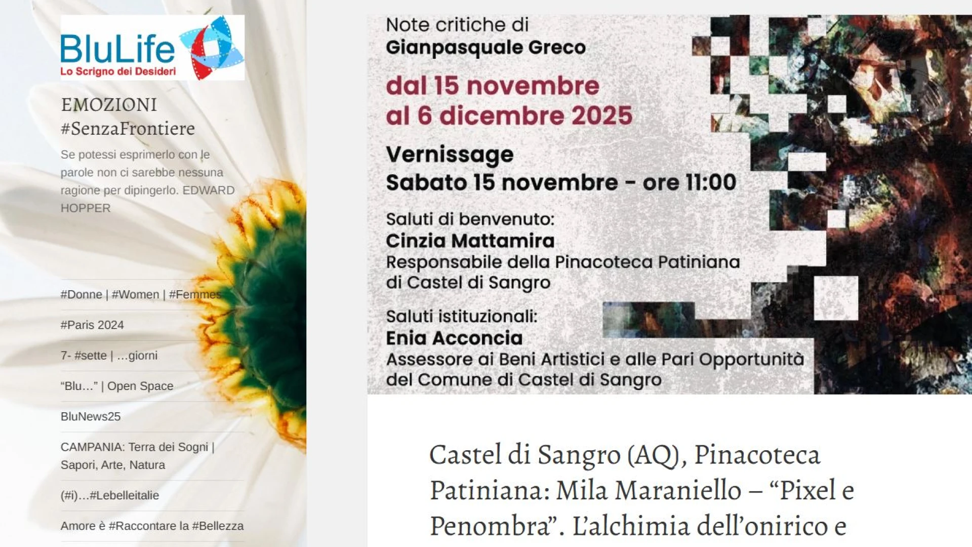 Castel Di Sangro: il 15 novembre l’inaugurazione della mostra di Mila Maraniello presso la Pinacoteca Patiniana.